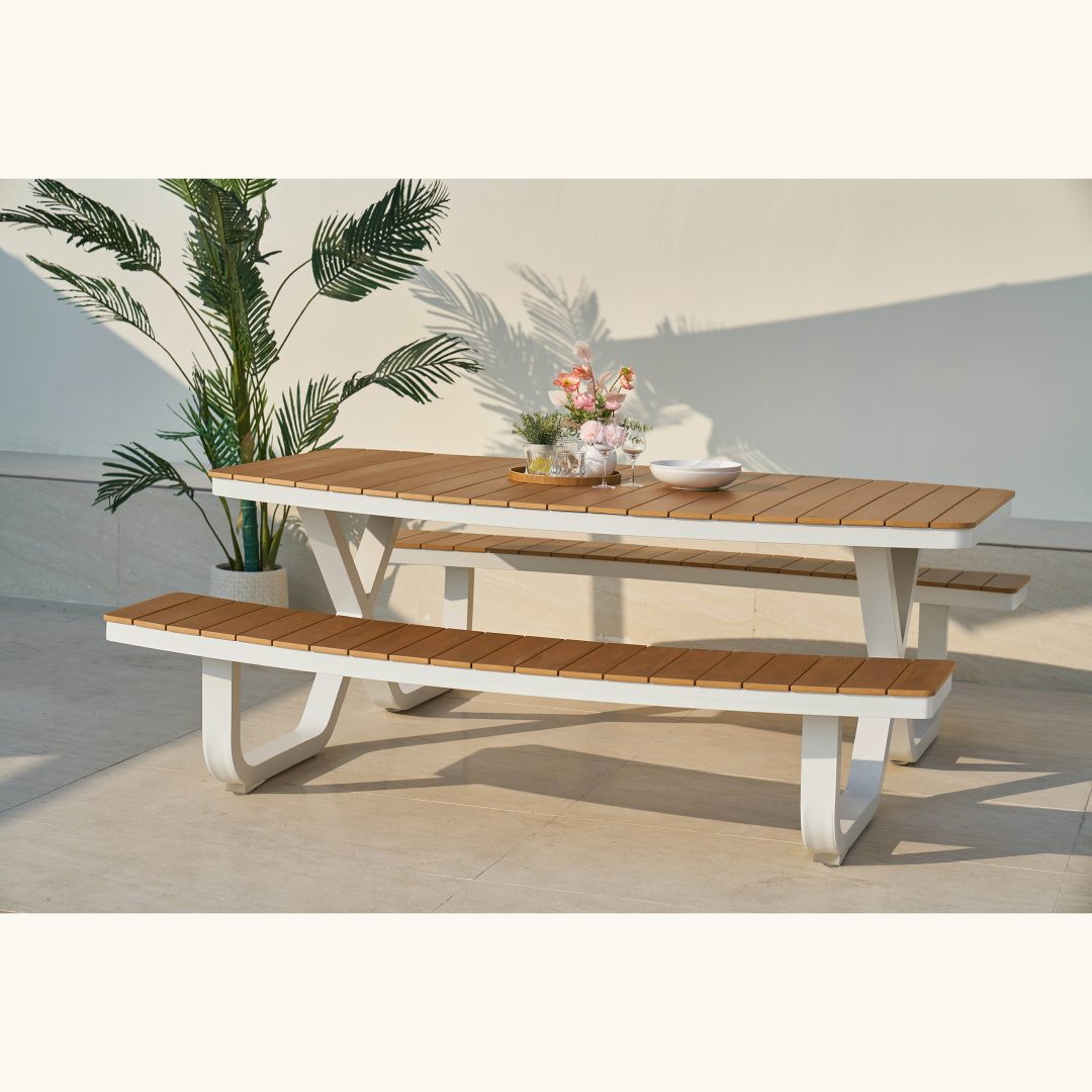 Troy modern étkezőasztal padokkal, fehér