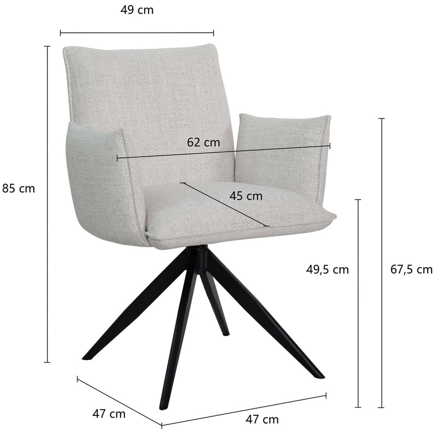 Nella karfás szék méretrajza: 63 × 62 × 85 cm, 49,5 cm ülésmagasság