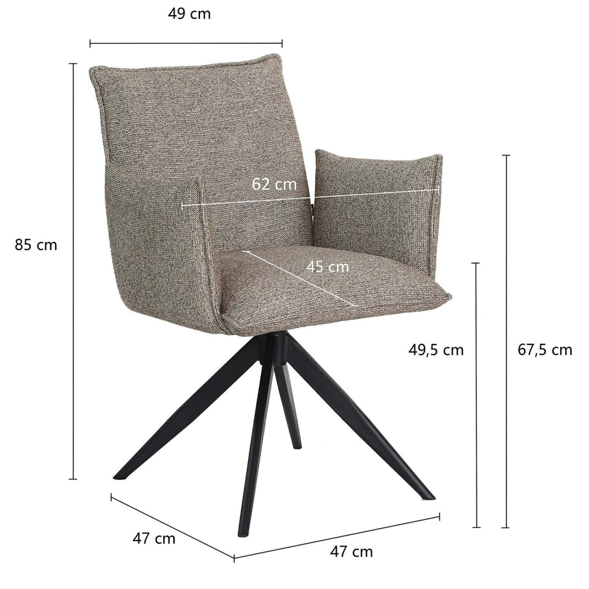 Nella karfás szék méretrajza: 63 × 62 × 85 cm, 49,5 cm ülésmagasság