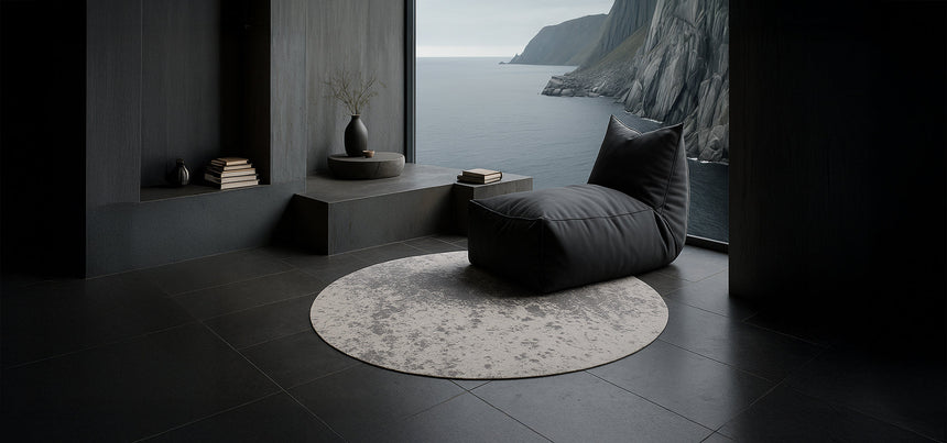 Moon Light Gray kerek modern szőnyeg enteriőrben